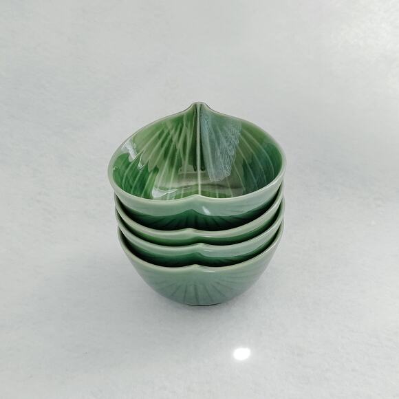 Lettuce Green Leaf Dipping Sauce Ceramic Pottery Glaze Bowls 4 Set ASMA signed - Picture 5 of 9
